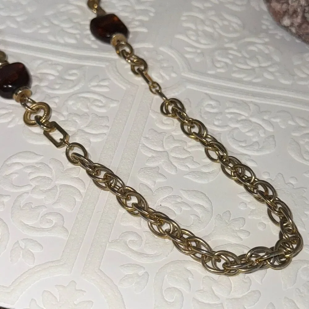 Vintage Gold Tone Long Chunky Chain Necklace With‎ Faux Amber Beads 30”